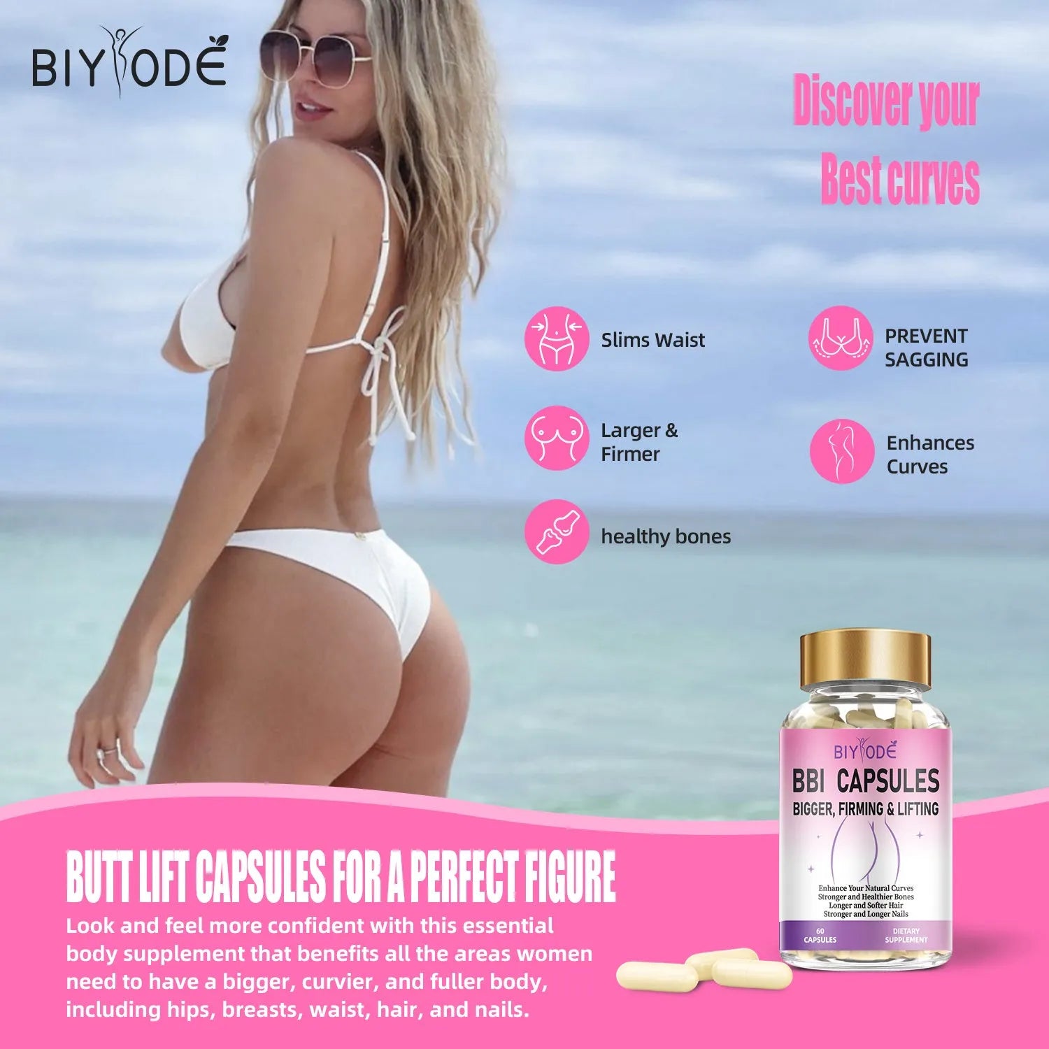 Biyode BBL herbal supplement bottle with 60 capsules for curves enhancement and firming lifting