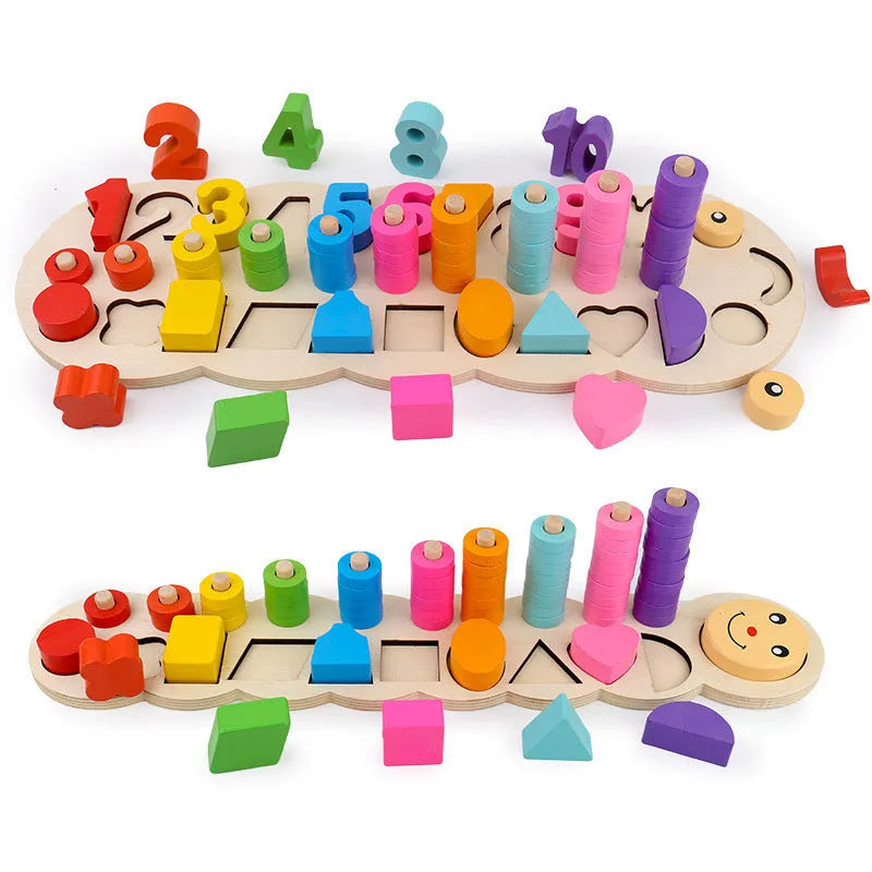 Early childhood education wooden logarithmic board with numbers, geometric figures, and colourful beads