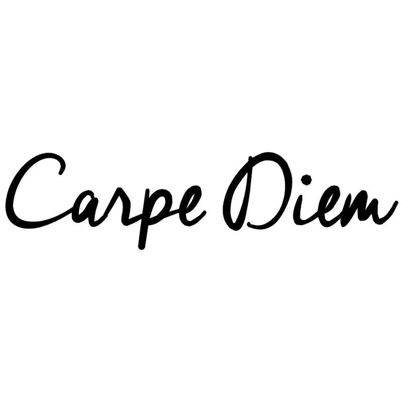 CARPE DIEM car sticker in white or black, adhesive text decal measuring 20.3 cm by 5 cm