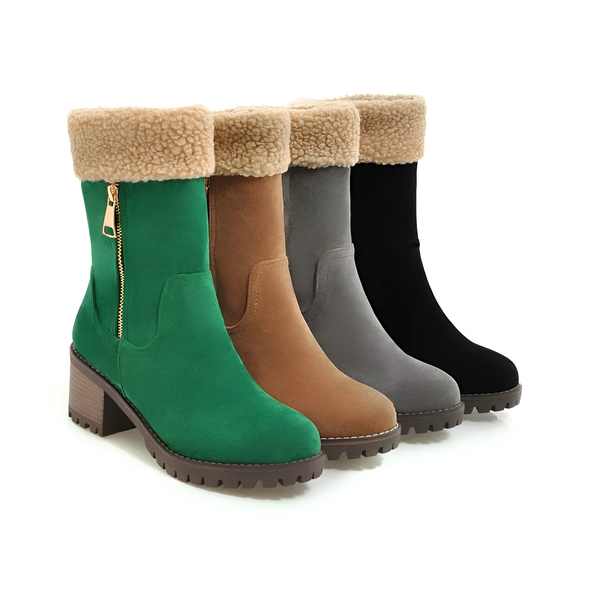 A pair of ankle-height snow boots in black, shown with a short plush lining and rubber sole, on a white background.