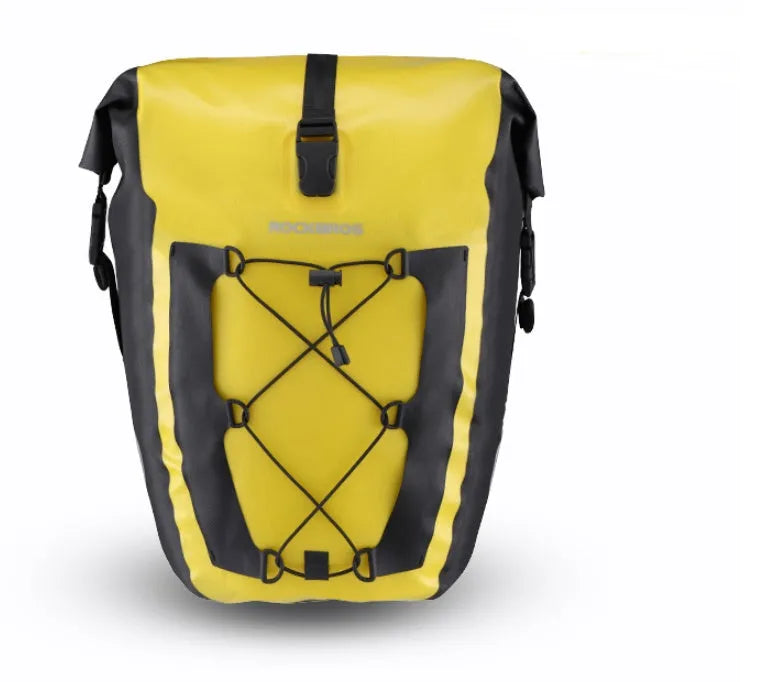 Waterproof bicycle bag in black or yellow, made from nylon cloth and waterproof fabric.