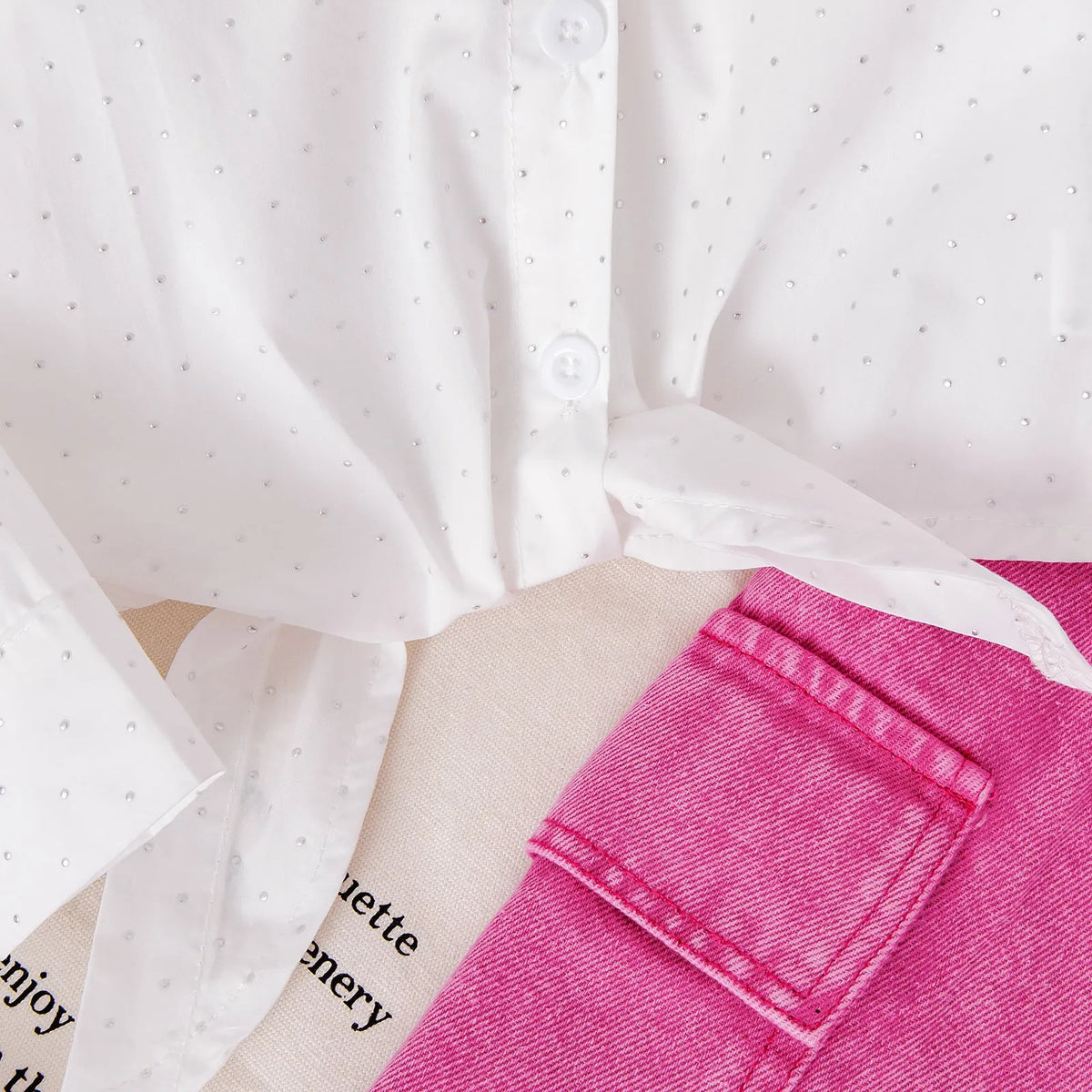 Girls pink knot-front long-sleeve top and denim shorts set, cotton, height 90-140