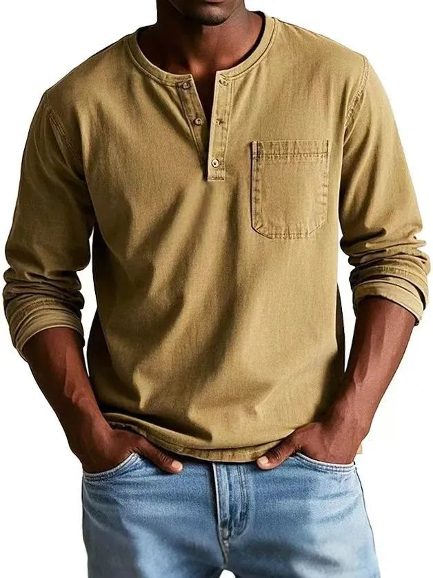 Men's V-neck long-sleeved t-shirt with button design in solid colour, front view showing polyester fibre fabric