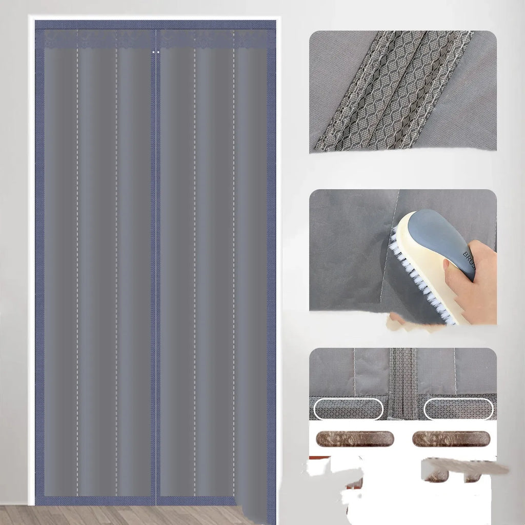 Full seam long magnetic strip cotton door curtain in New Chinese style pattern hanging in a doorway.
