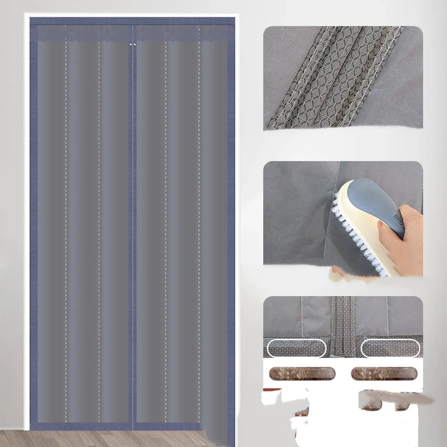 Full seam long magnetic strip cotton door curtain in New Chinese style pattern hanging in a doorway.