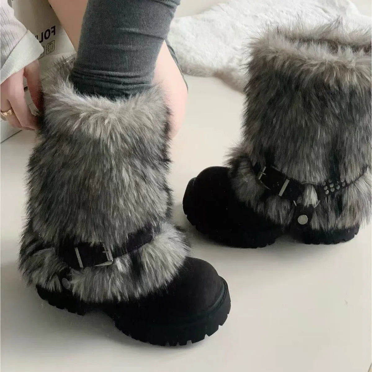 Women's mid-calf snow boots with faux plush lining, anti-slip rubber sole and slip-on design in beige
