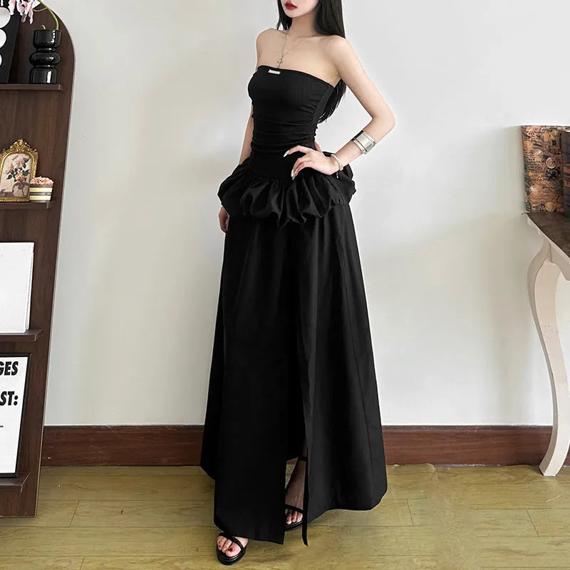New women's solid colour black high waist off-neck split dress with A-line silhouette