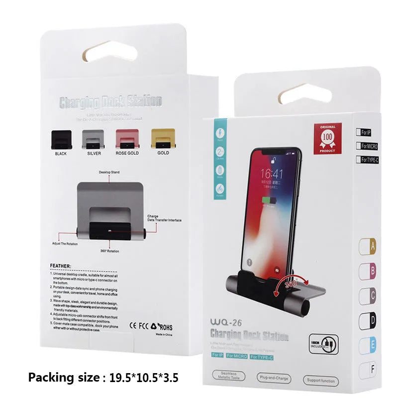 USB charger stand in black, gold, rose gold or silver for iPhone, MicroV8 and Type C, 5V 2000mA