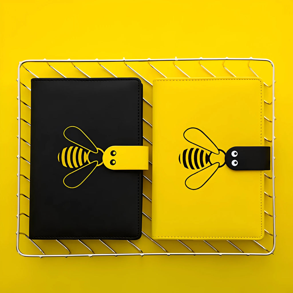Open B6 notebook with 144 sheets, black PU cover, on a wooden desk