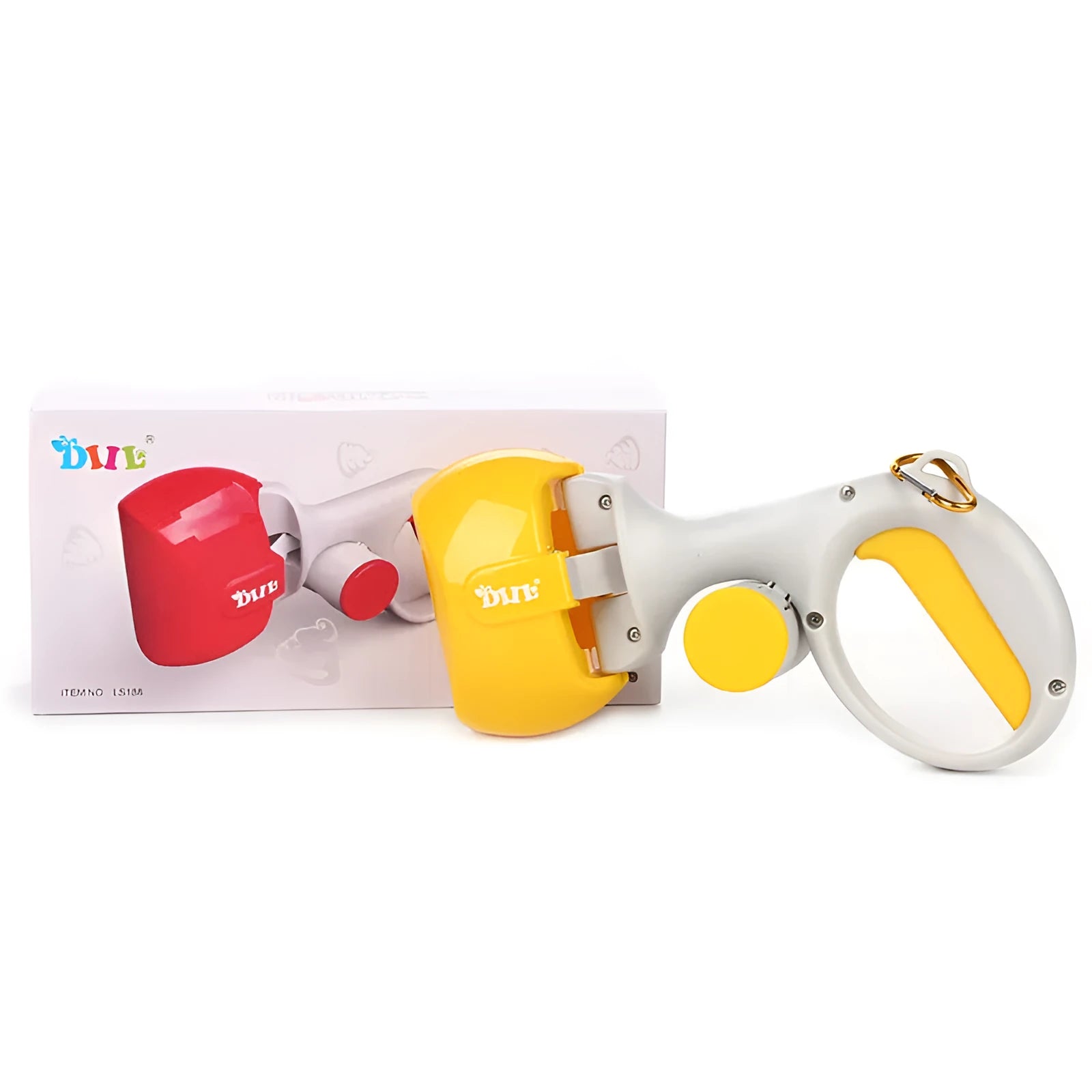 Yellow 2 in 1 portable pet toilet picker made from ABS plastic with curved hand grip and tooth-shaped notches on a white background