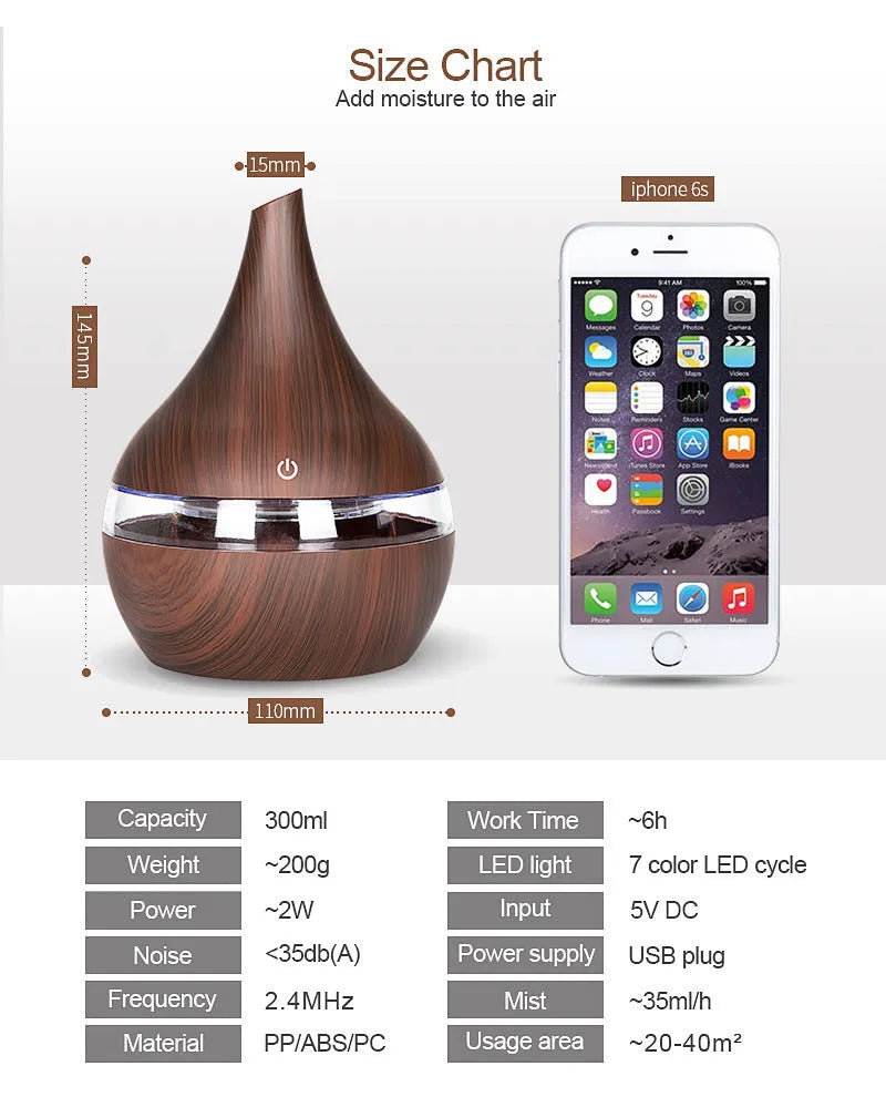 LED essential oil diffuser in wood grain finish, 12x11cm, USB powered, fireproof ABS and PP