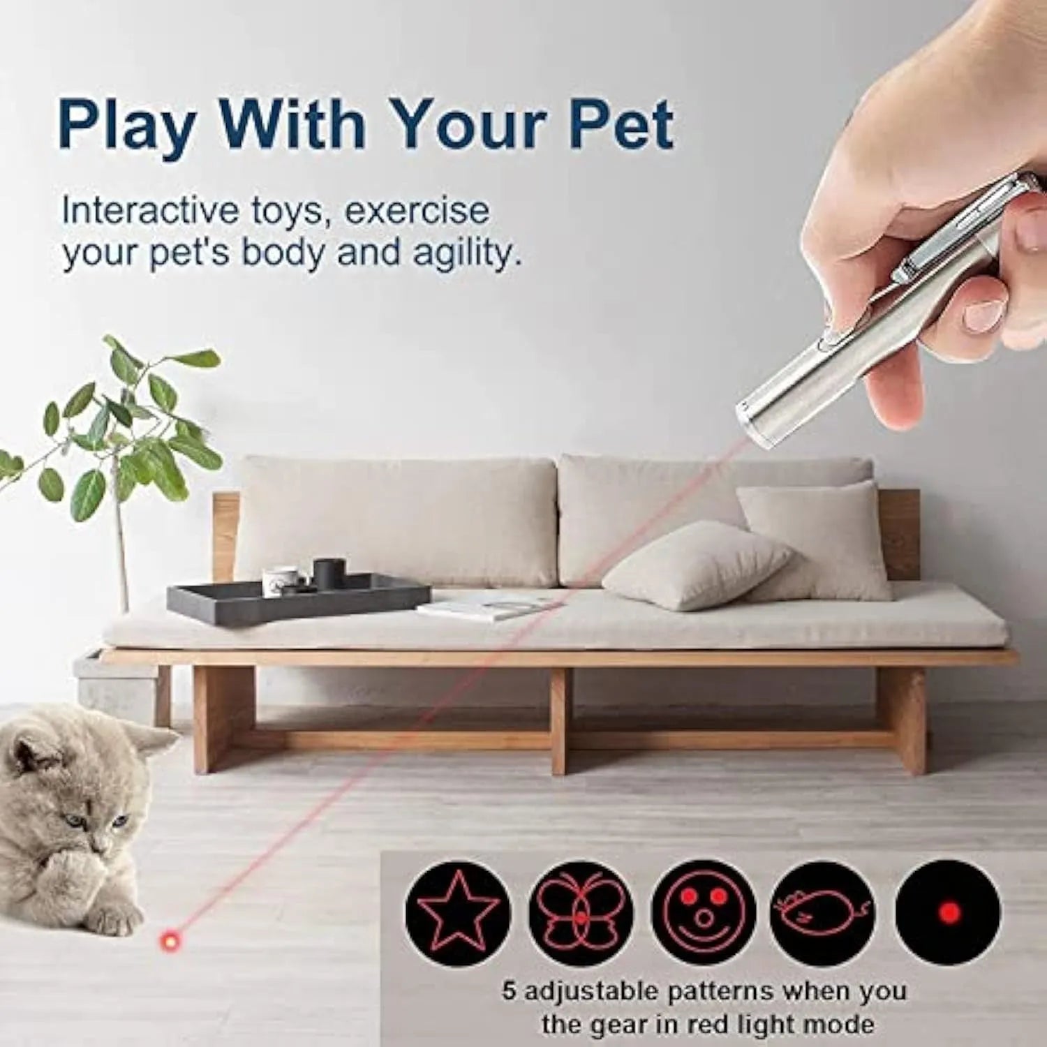 Silver aluminium cat toy pointer wand with USB charging showing laser patterns on wall