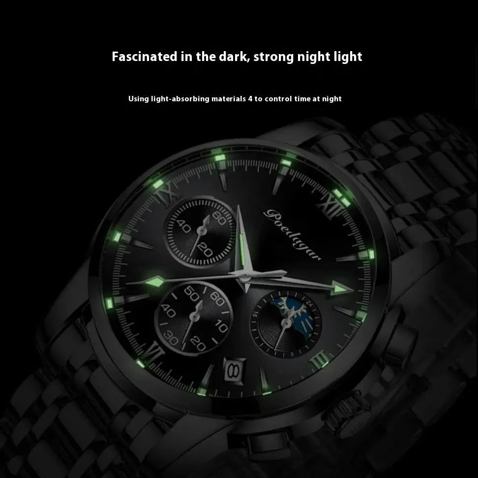 Men's waterproof luminous multifunctional watch with steel strap and black dial showing calendar