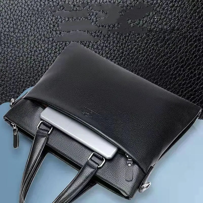 Men's black PU leather shoulder messenger bag with a splicing design detail.