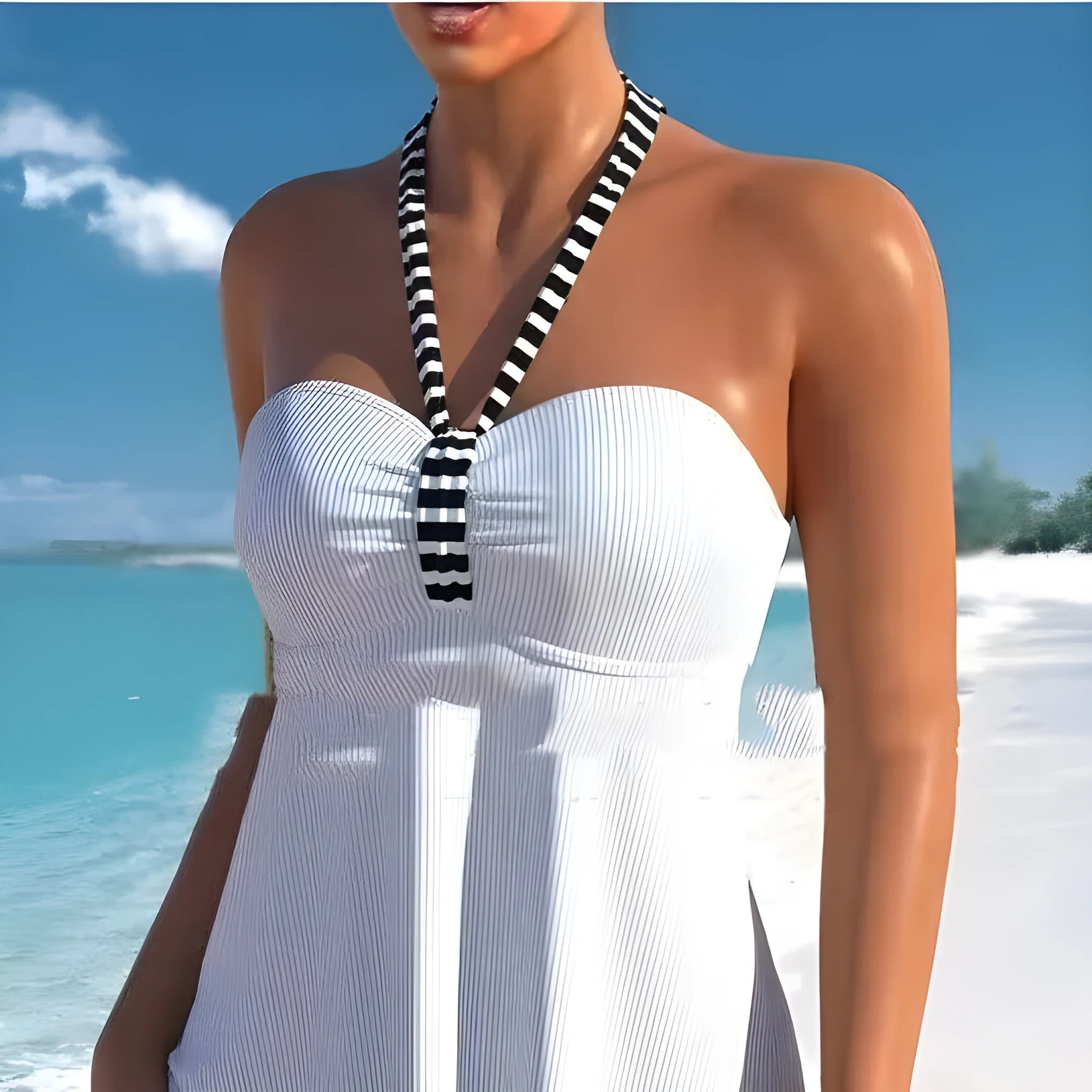 Women's black and white striped off-shoulder swimsuit with briefs bottom