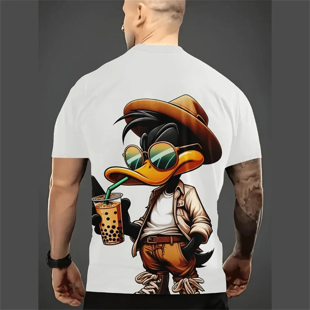 Man wearing a loose fit short sleeve linen shirt with a raised 3D cartoon print design.