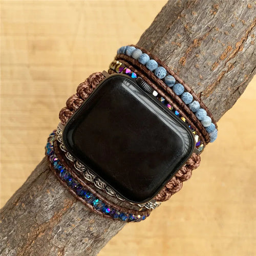Agate woven bohemian watch band with natural stone beads on textured background, two size options