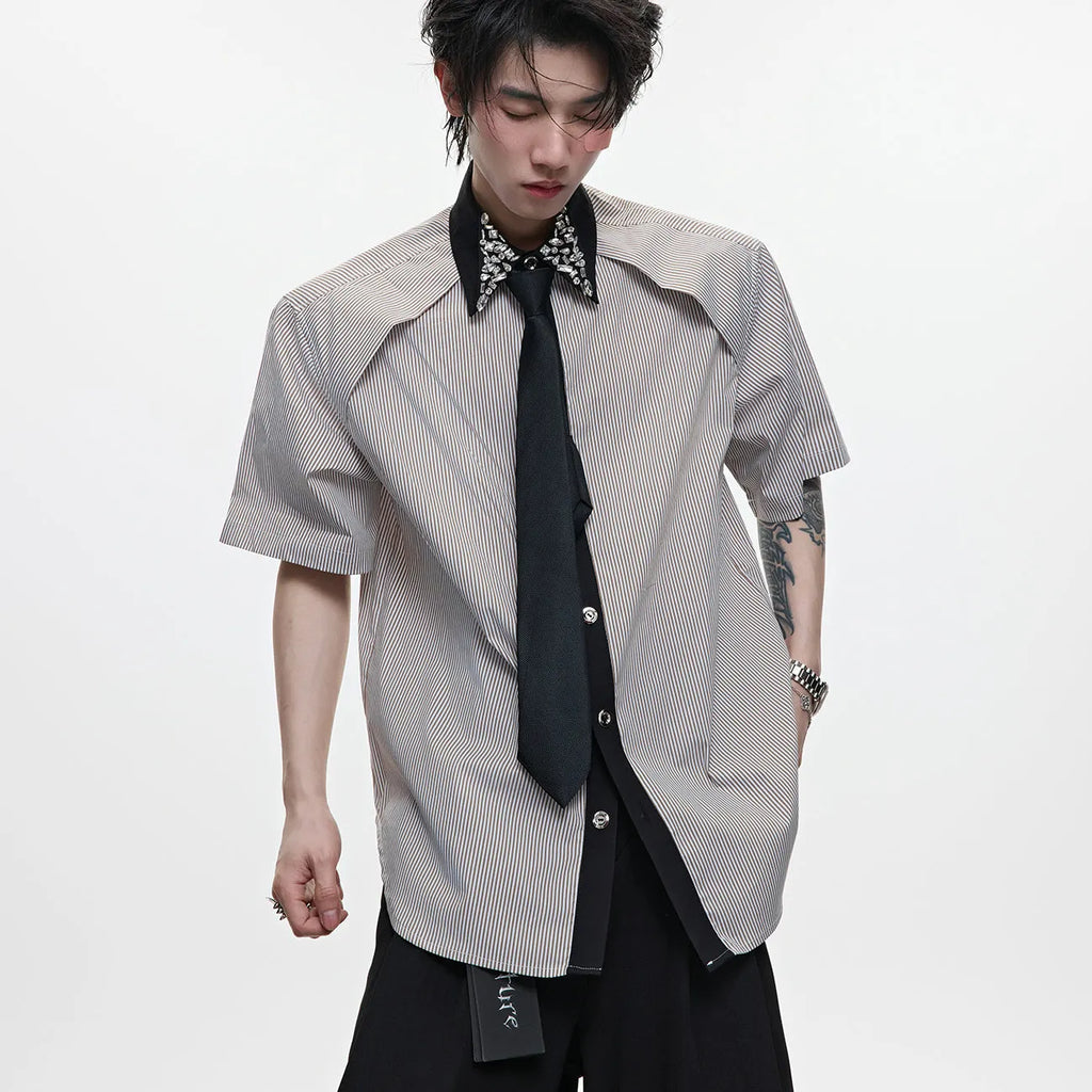 Men's diamond tie dual-colour patchwork striped shirt in loose fit with flip collar