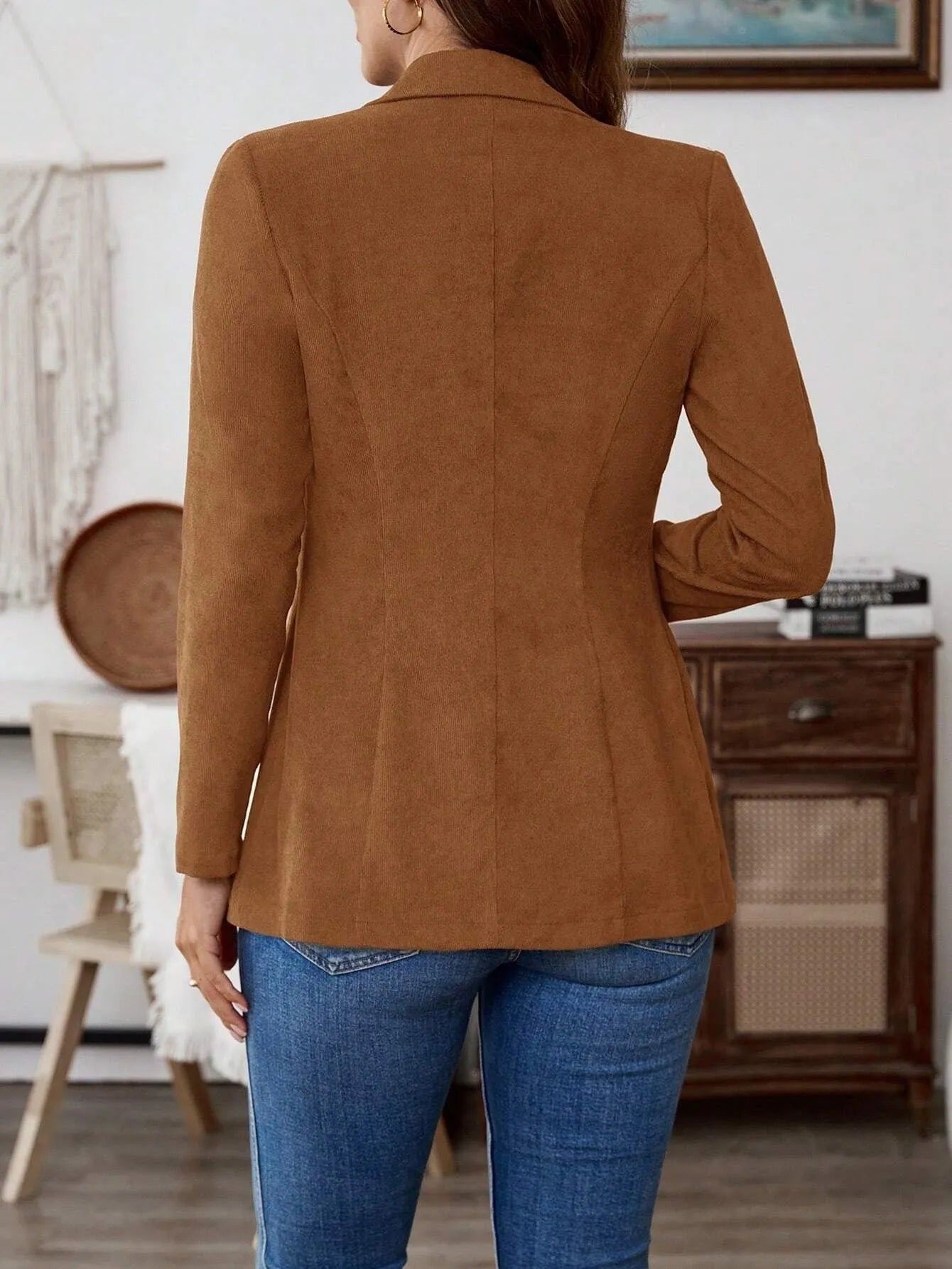 Brown men's long sleeve single-breasted suit coat with a lapel collar.