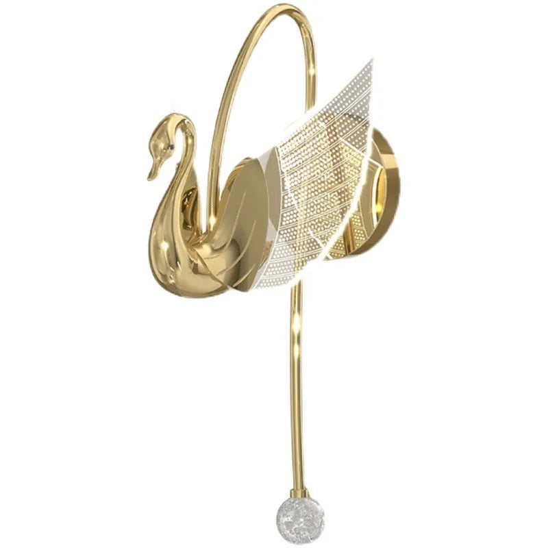 Gold modern minimalist swan-shaped LED wall lamp with an acrylic shade on a wall.