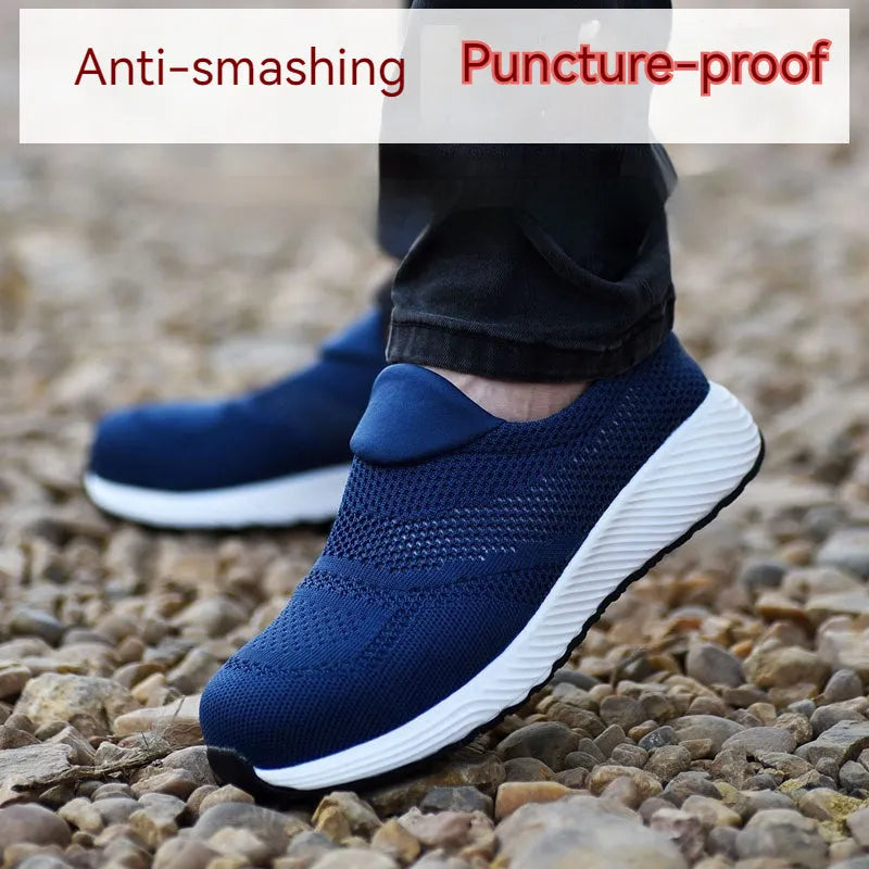 Men's lightweight anti-smash anti-puncture steel toe work safety shoes with mesh upper in black, blue, or red colours