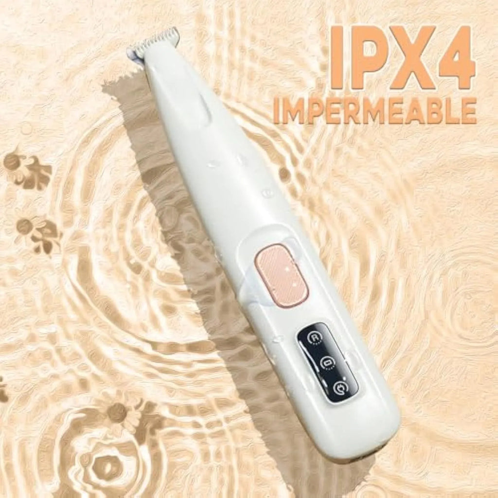 White rechargeable electric dog paw trimmer with LED light showing 17.7cm length