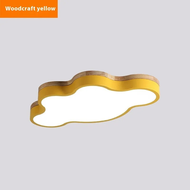 Cloud-shaped LED ceiling lamp with wooden finish in bedroom setting showing dimmable light options