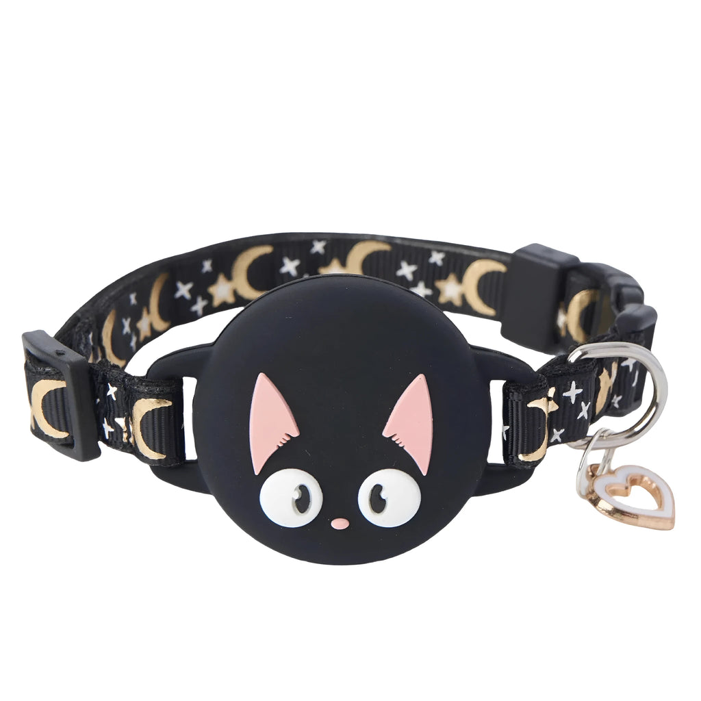 Pink adjustable cat collar with a built-in white plastic case for an Apple AirTag, shown on a size S setting.
