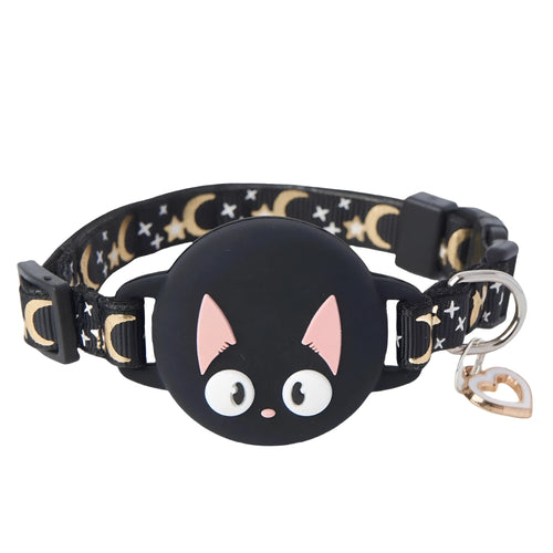 Pink adjustable cat collar with a built-in white plastic case for an Apple AirTag, shown on a size S setting.