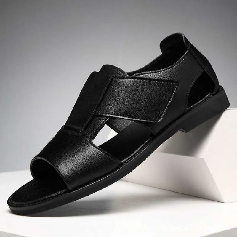 Men's black and brown casual sandals with open toe design and rubber sole