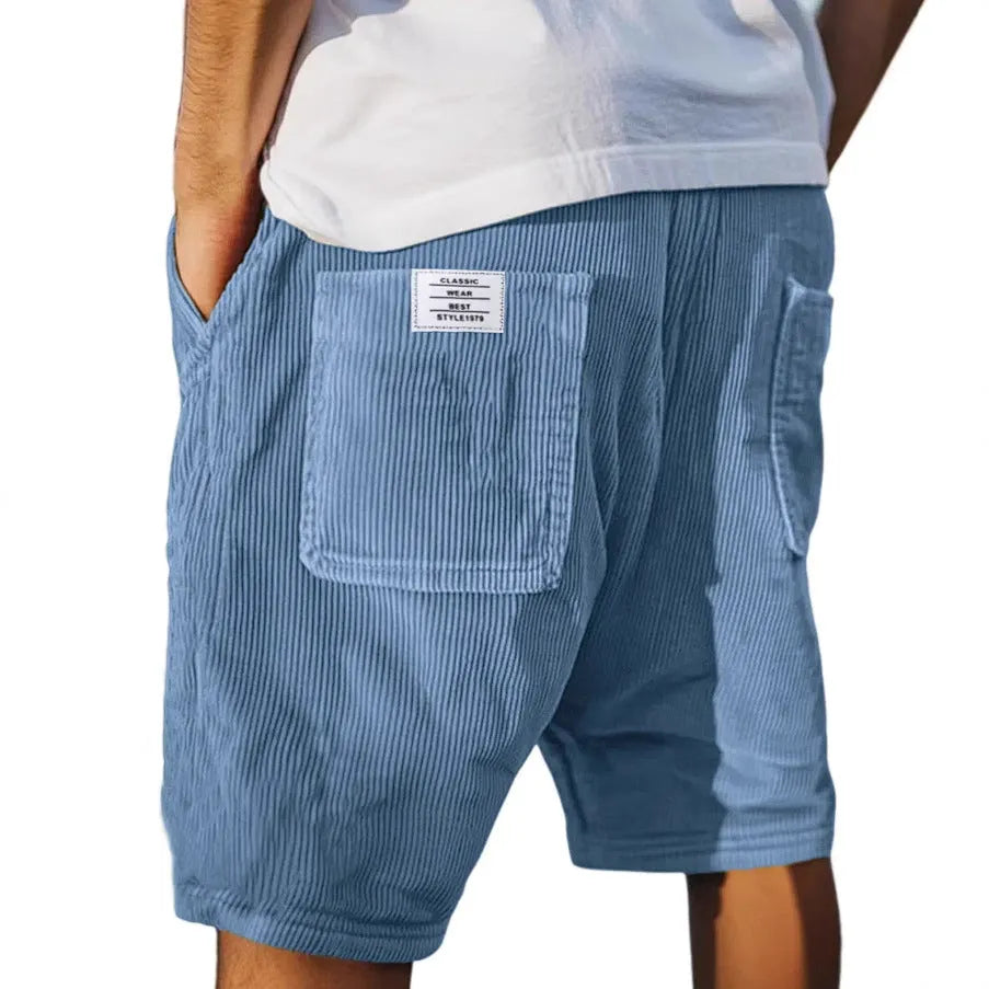 Men's straight-leg corduroy shorts with multiple pockets and embroidery detailing in grey colour