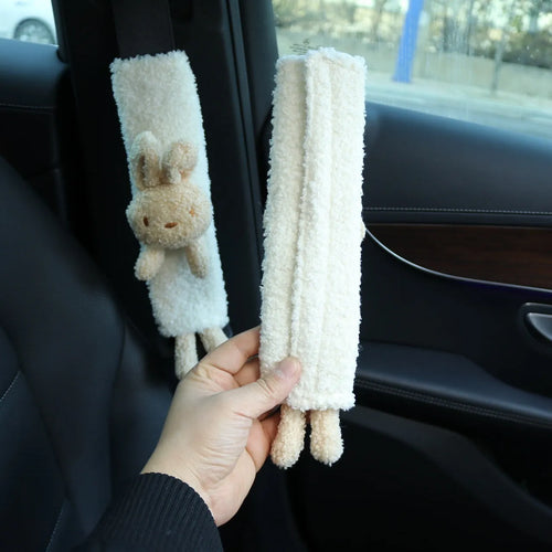 Cartoon plush car seat belt shoulder protector with rabbit and bear designs in lamb wool material