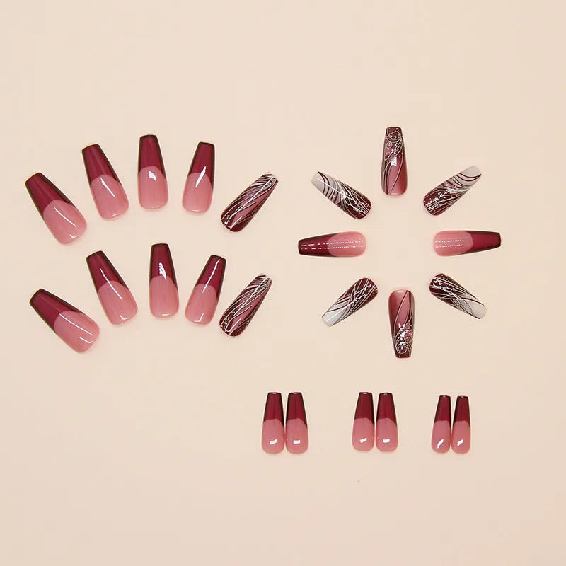 French line pattern false nails and adhesive glue on white background.
