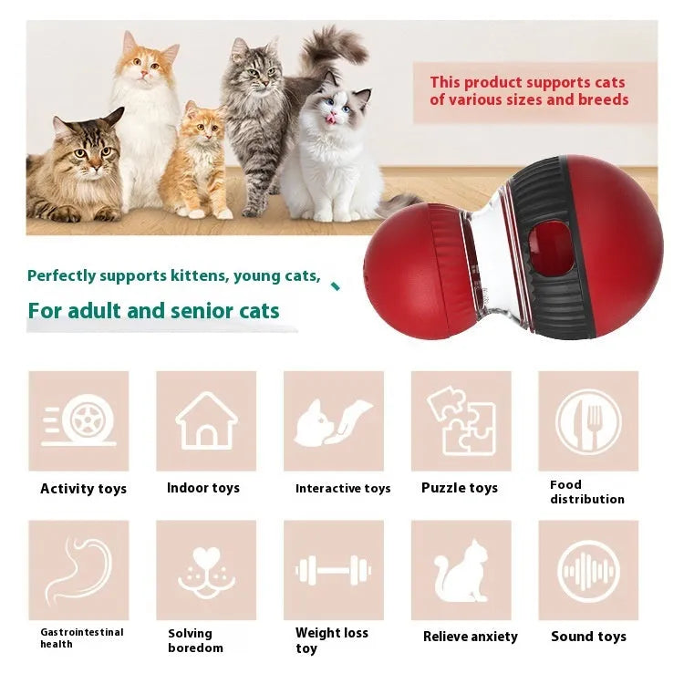 Rotating funny cat sound food dropping ball toy in super ball colour on a plain background.