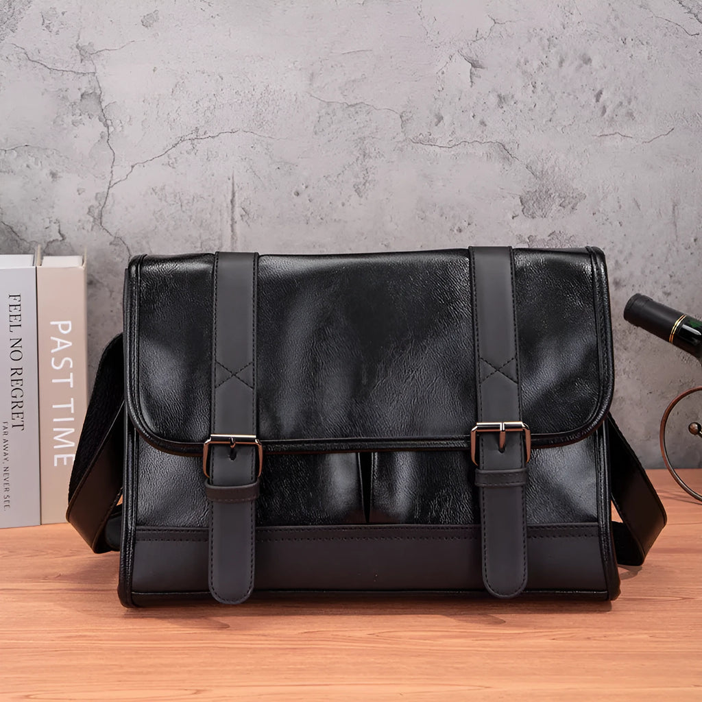 Black Korean style men's commuter backpack with anti-theft features and visible sewing thread detailing