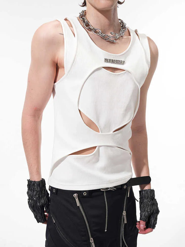 Men's loose-fit sleeveless waistcoat in black hollow weave cotton fabric on a hanger