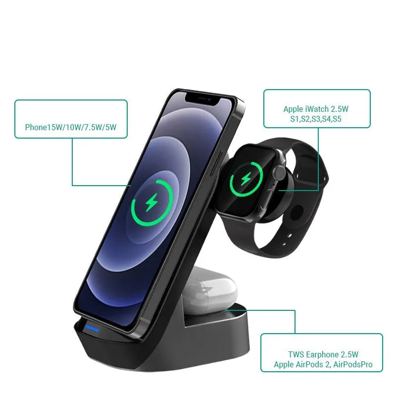 Black-grey foldable 3-in-1 wireless charging stand holding a phone, smartwatch, and earbuds case upright.