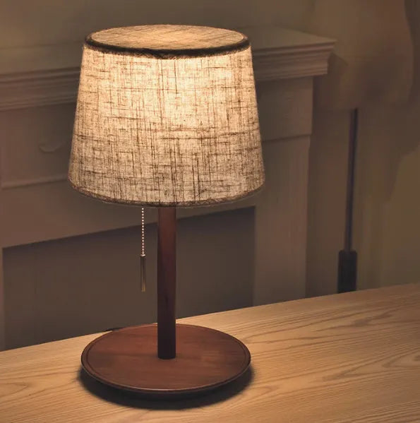 Walnut wood desk lamp with fabric shade and cable switch