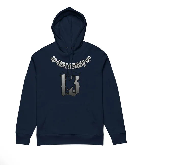 Loose fit grey fleece-lined hooded sweatshirt shown on a hanger.