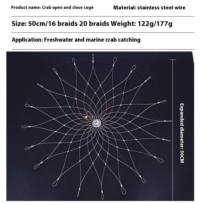 Stainless steel automatic opening and closing crab net with 20 steel wires, 52cm diameter, for blue crab fishing