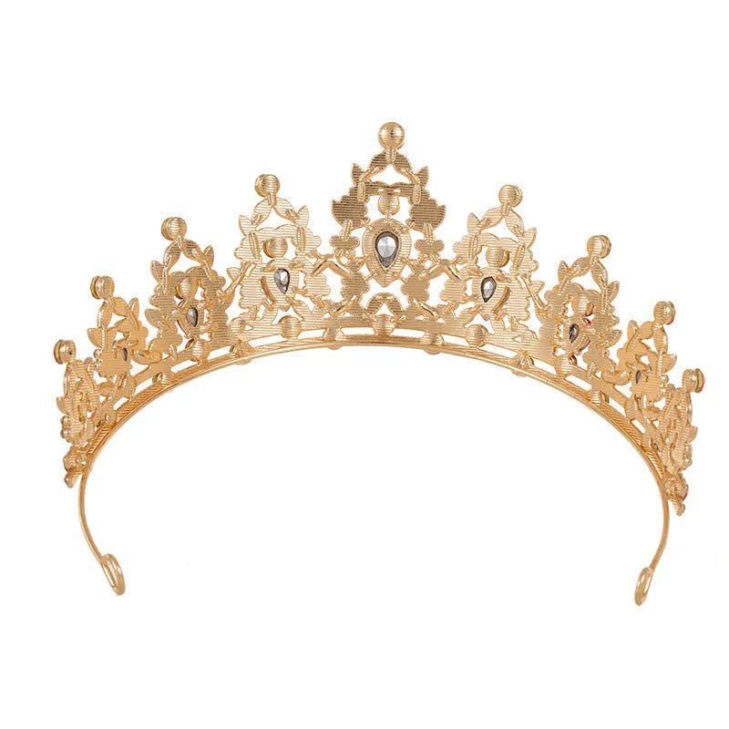 Baroque bridal crown headdress made from alloy with diamond-set rhinestones in silver or KC gold tones.