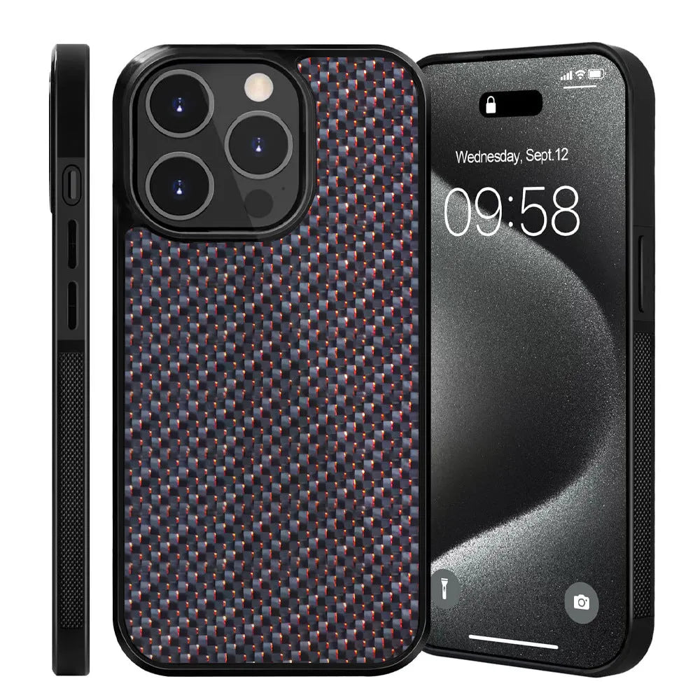 Carbon fiber 3K twill phone case for iPhone, all-inclusive TPU cover in blue, purple, or red, magnetic or non-magnetic.