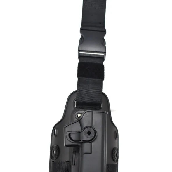 Green plastic tactical leg holster bag attached via waist plate, shown on a leg.
