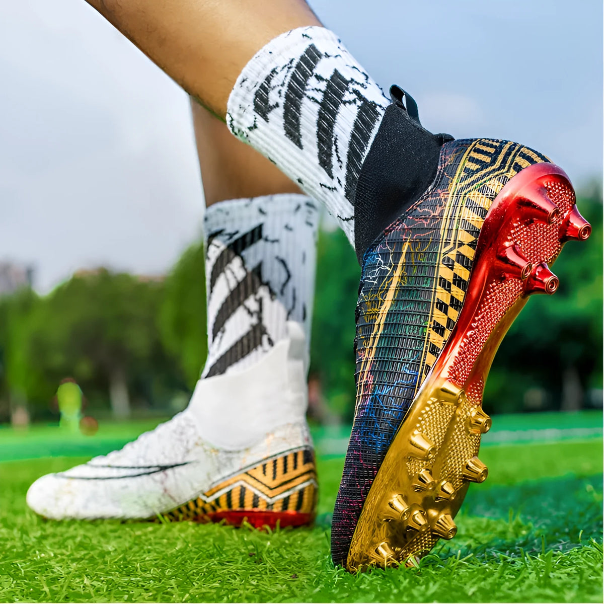 Men's white high-top synthetic leather soccer training shoes with gold plated sole on artificial grass.