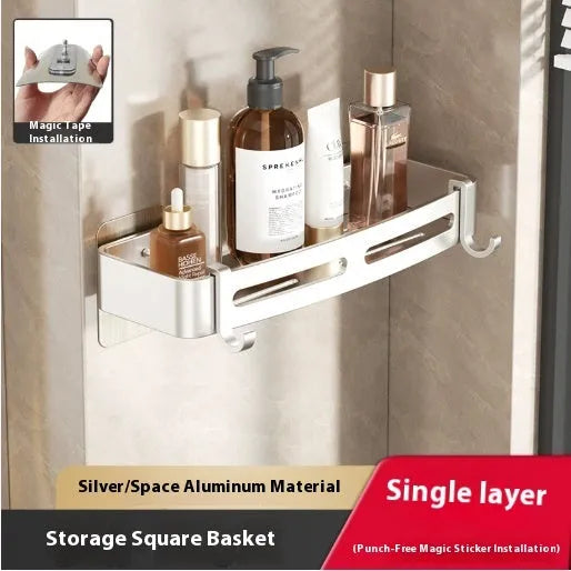 Gun grey wall-mounted bathroom storage rack with corner design and punch-free installation