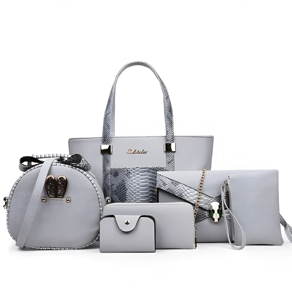 Women's shoulder bag set with handbag, wallet, card case in black, grey, white, rose red; square vertical shape with car stitching and zipper closure