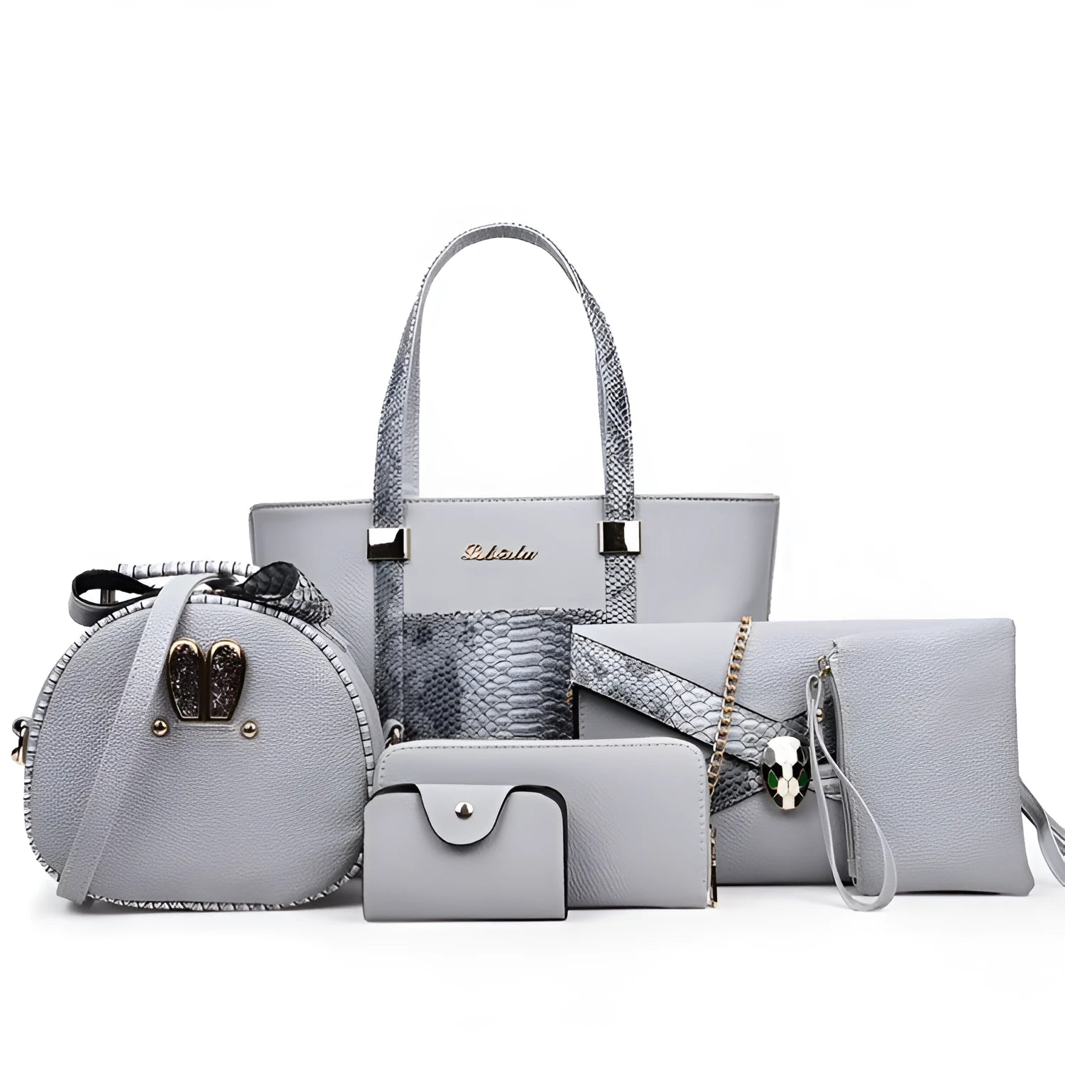 Women's shoulder bag set with handbag, wallet, card case in black, grey, white, rose red; square vertical shape with car stitching and zipper closure