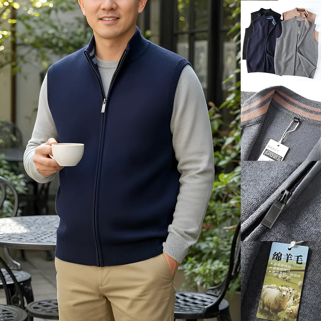 Women's loose fit thickened sleeveless knitted cardigan vest in black, front view, for autumn winter layering