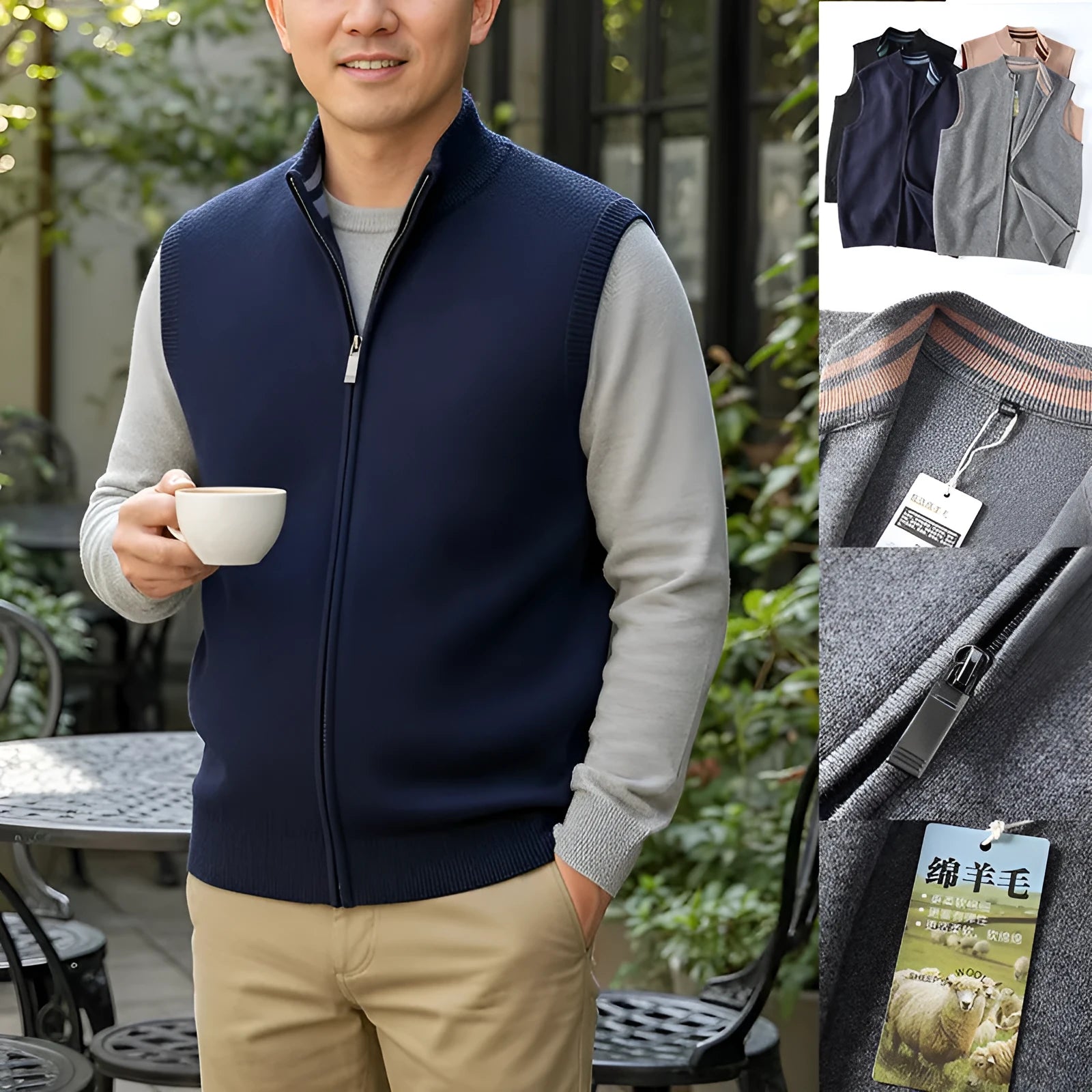 Women's loose fit thickened sleeveless knitted cardigan vest in black, front view, for autumn winter layering