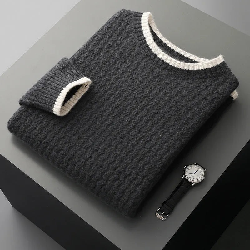 Men's round neck twisted design colour matching sweater in wool, casual loose fit, black colour